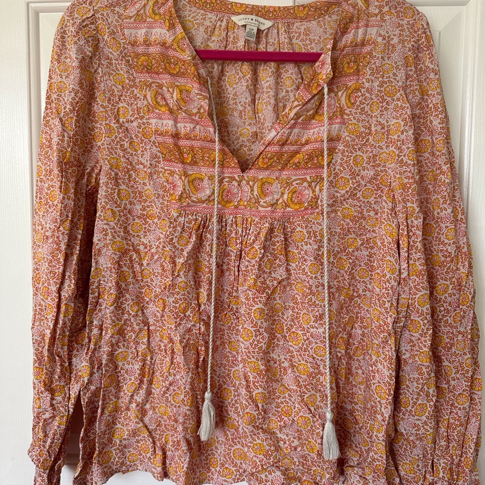 Lucky Brand Pink & Yellow Floral Bohemian Tassel Top